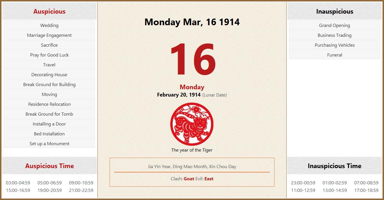 March 16, 1914 Almanac Calendar Auspicious/Inauspicious Events and