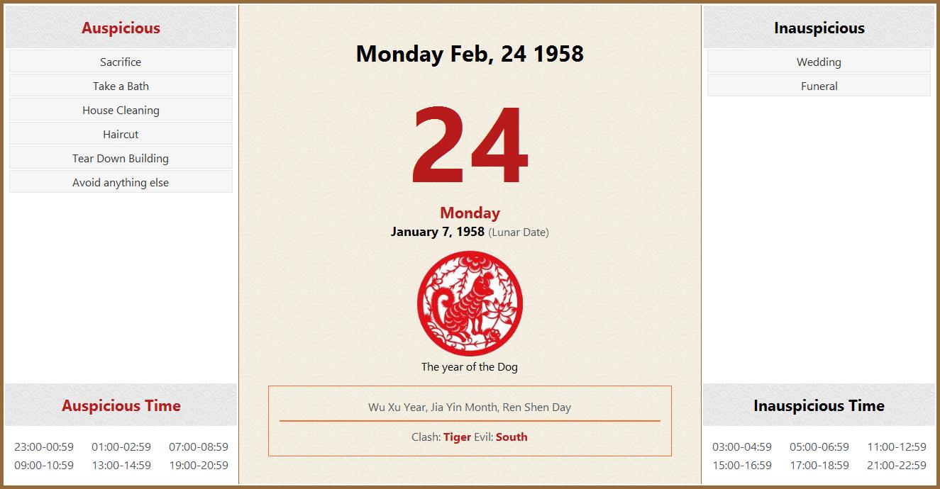 February 24 1958 Almanac Calendar: Auspicious/Inauspicious Events and February 24 1958 Almanac Calendar: Auspicious/Inauspicious Events and