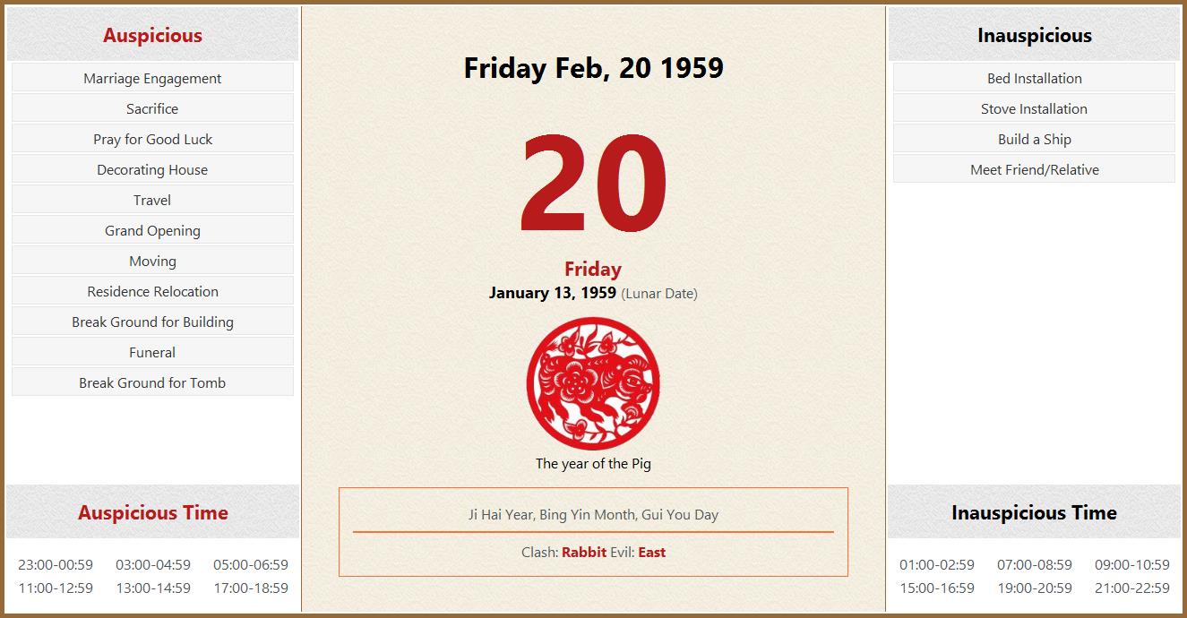 February 20 1959 Almanac Calendar: Auspicious/Inauspicious Events and February 20 1959 Almanac Calendar: Auspicious/Inauspicious Events and