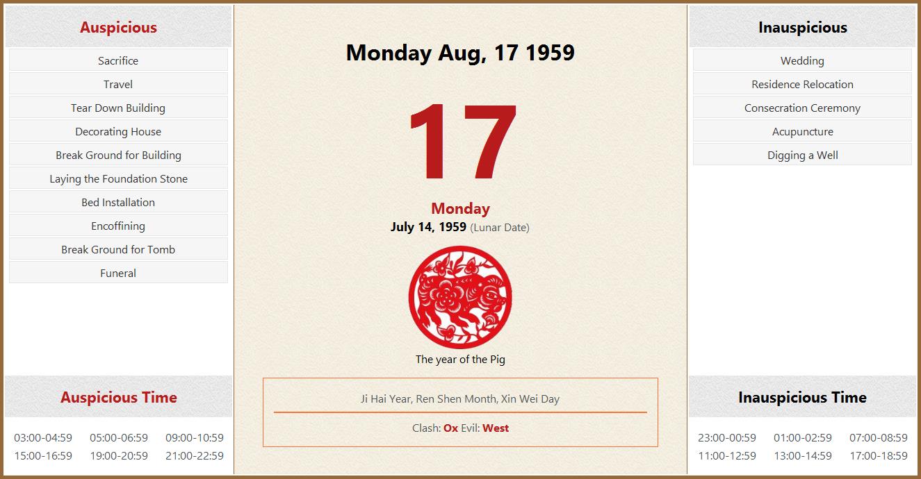 August 17, 1959 Almanac Calendar: Auspicious/Inauspicious Events and Time,  Zodiac, Lucky Direction