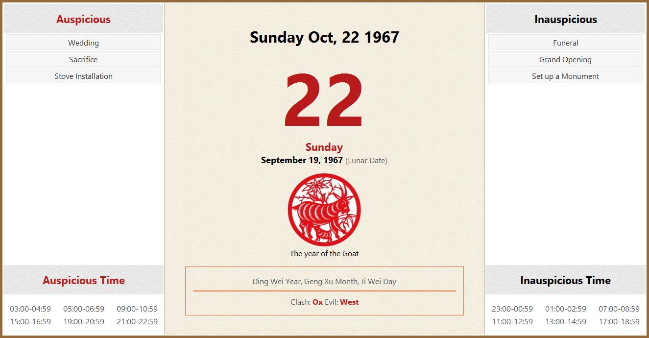 October 22, 1967 Almanac Calendar: Auspicious/Inauspicious Events and Time,  Zodiac, Lucky Direction