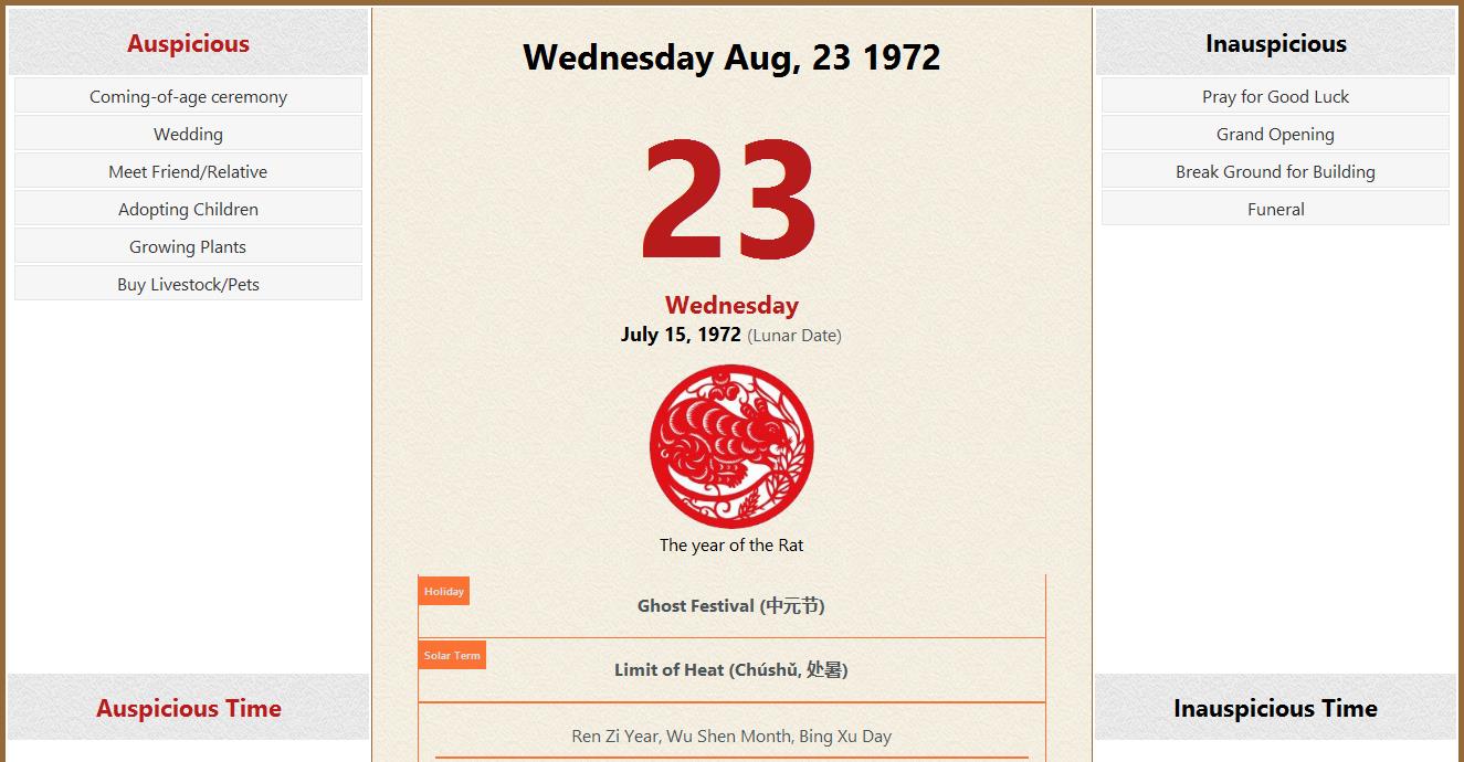 August 23, 1972 Almanac Calendar: Auspicious/Inauspicious Events and Time,  Zodiac, Lucky Direction