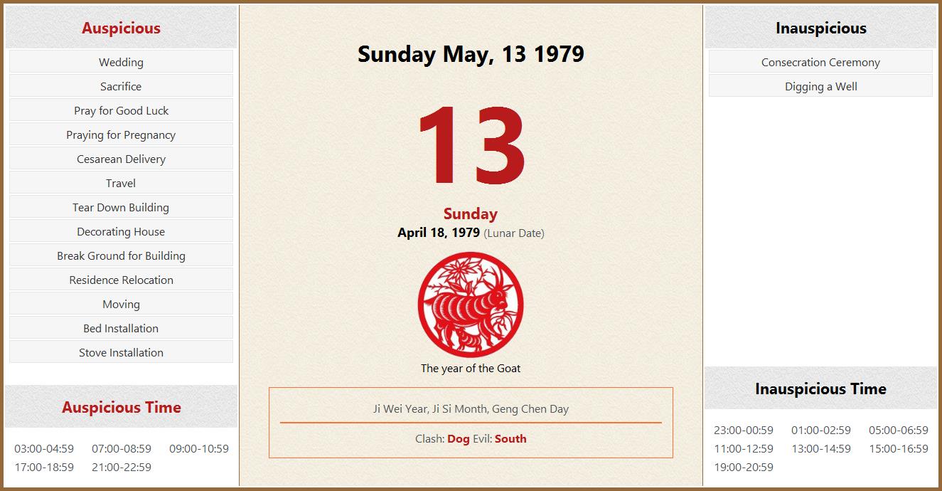 May 13, 1979 Almanac Calendar: Auspicious/Inauspicious Events and Time, Zodiac, Lucky Direction may-13-1979-almanac-calendar-auspicious-inauspicious-events-and-time-zodiac-lucky-direction