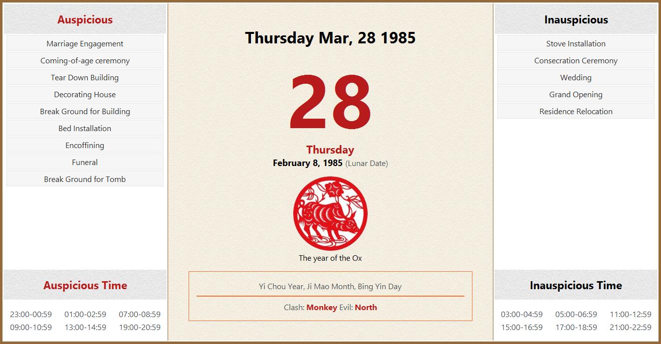 March 28, 1985 Almanac Calendar: Auspicious/Inauspicious Events and Time,  Zodiac, Lucky Direction