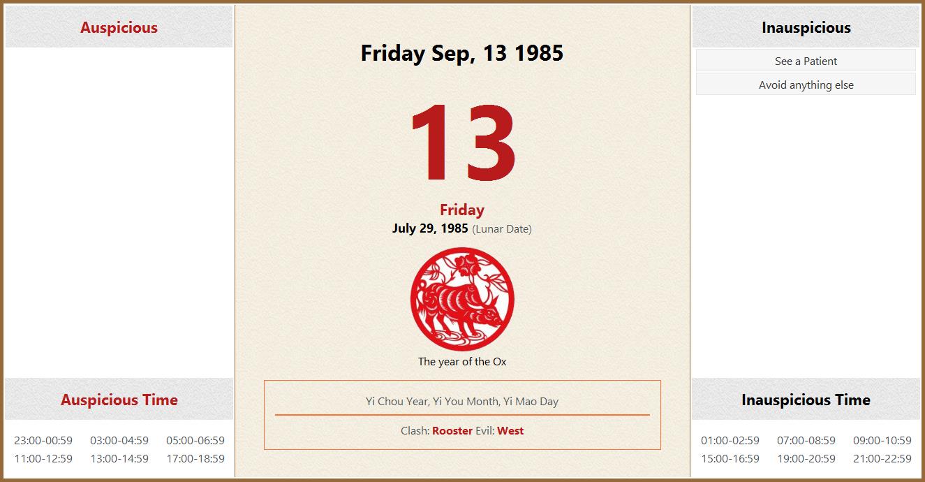 September 13, 1985 Almanac Calendar: Auspicious/Inauspicious Events and  Time, Zodiac, Lucky Direction