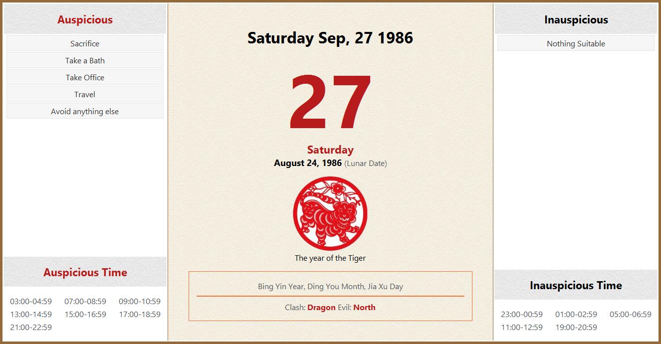 September 27, 1986 Almanac Calendar: Auspicious/Inauspicious Events and  Time, Zodiac, Lucky Direction