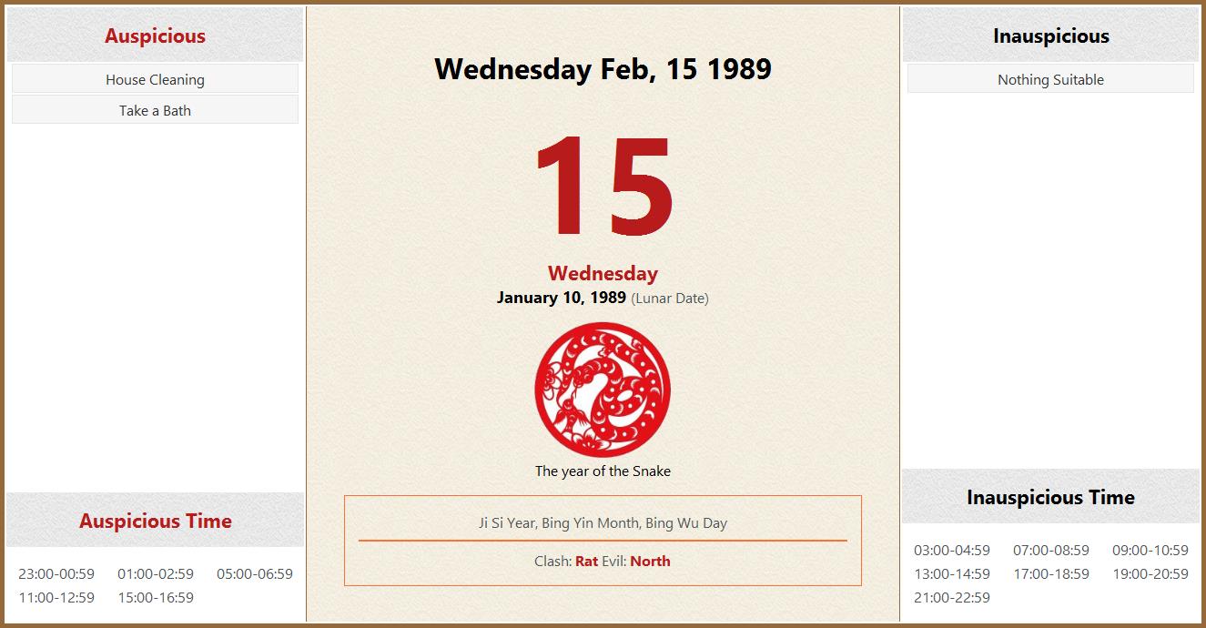February 15 1989 Almanac Calendar Auspicious Inauspicious Events And