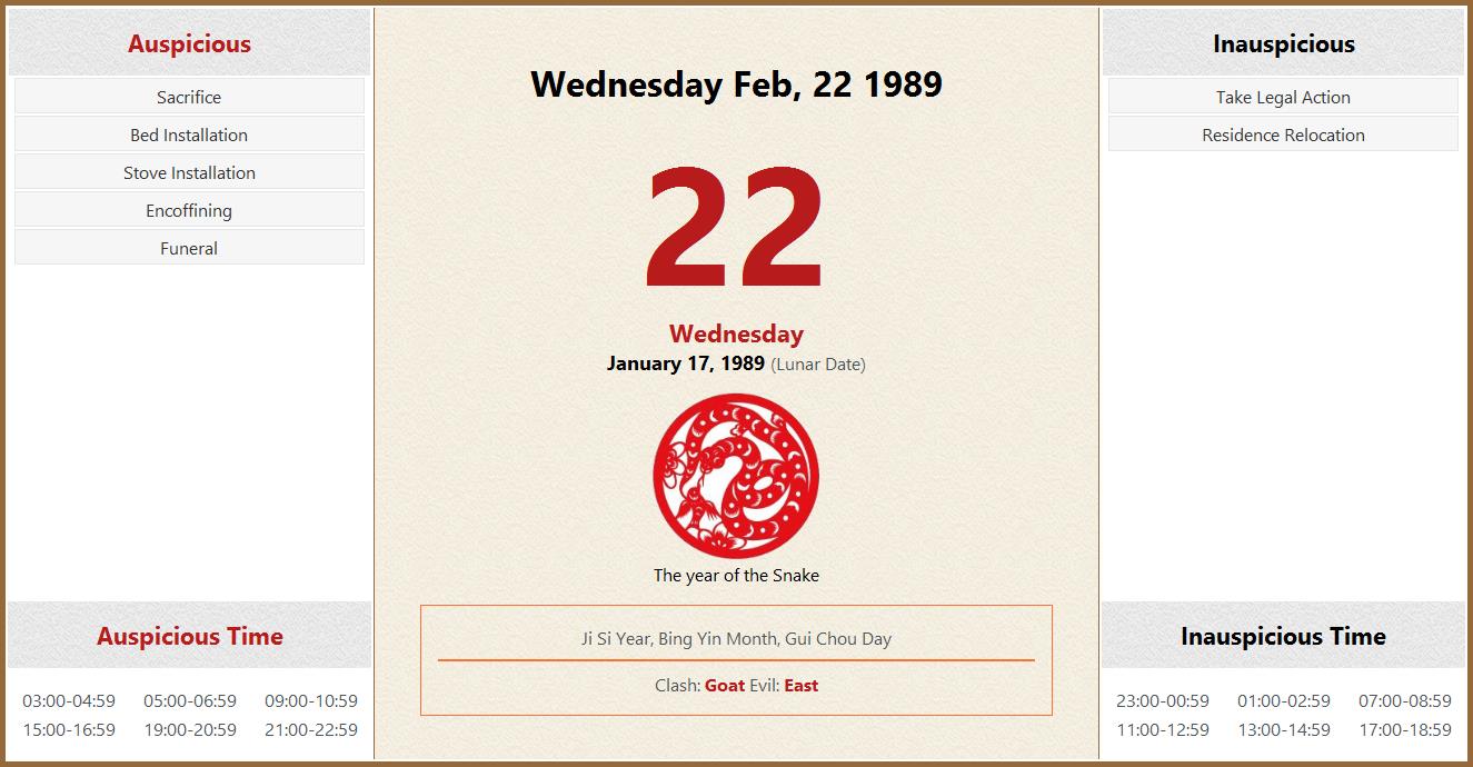 February 22 1989 almanac calendar auspicious inauspicious events and