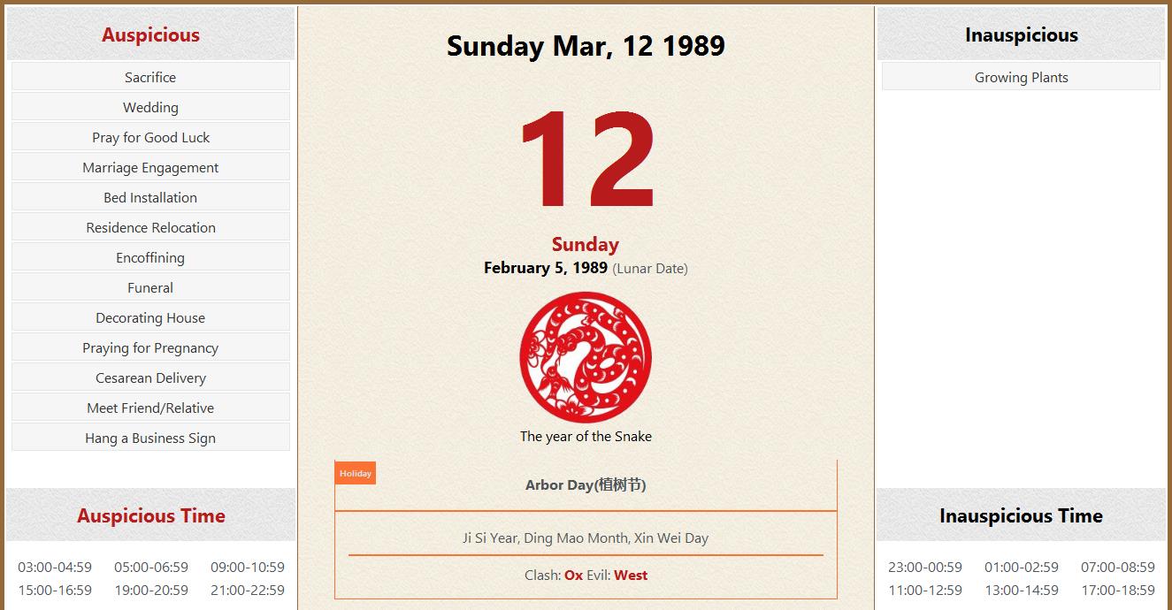 March 12, 1989 Almanac Calendar Auspicious/Inauspicious Events and