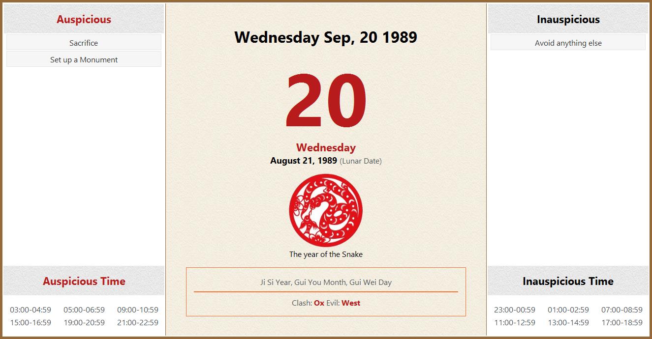 September 20 1989 Almanac Calendar Auspicious Inauspicious Events And