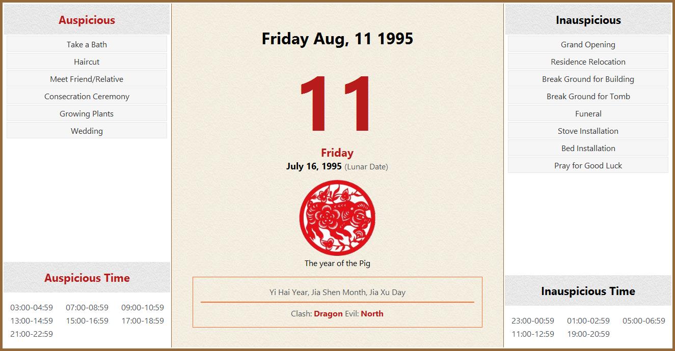 August 11, 1995 Almanac Calendar: Auspicious/Inauspicious Events and Time,  Zodiac, Lucky Direction