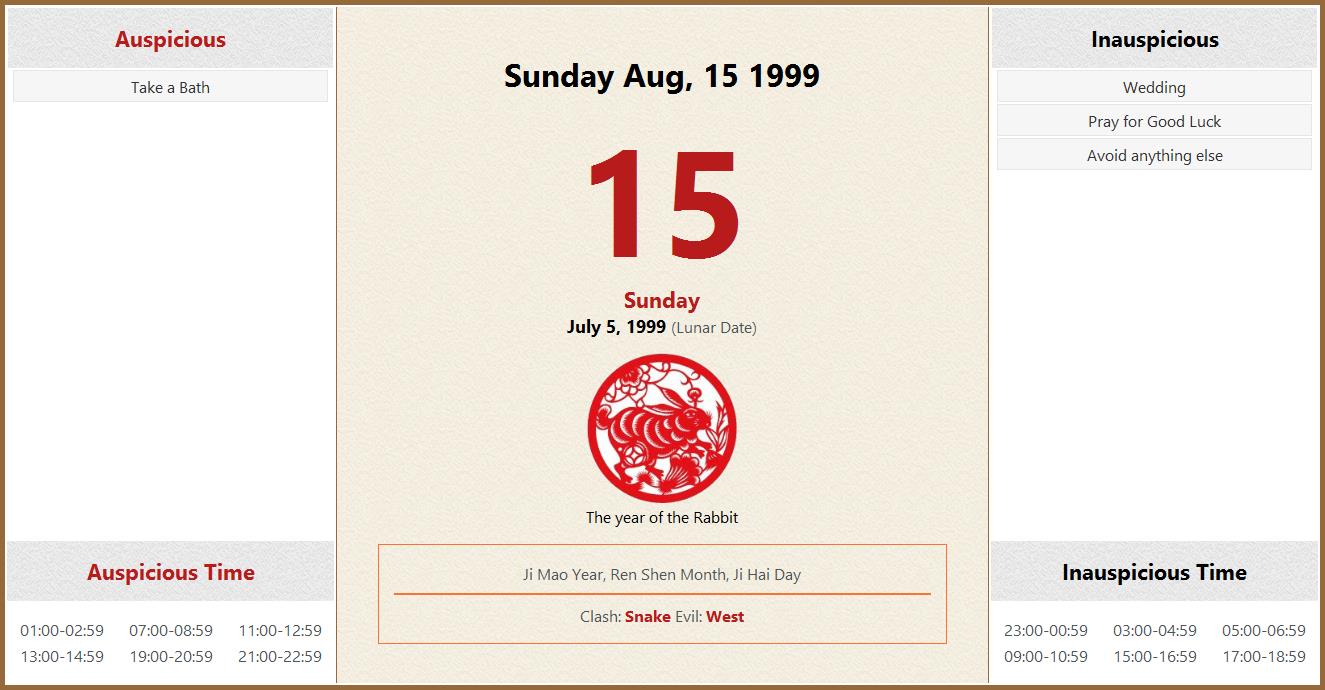 August 15, 1999 Almanac Calendar: Auspicious/Inauspicious Events and Time,  Zodiac, Lucky Direction