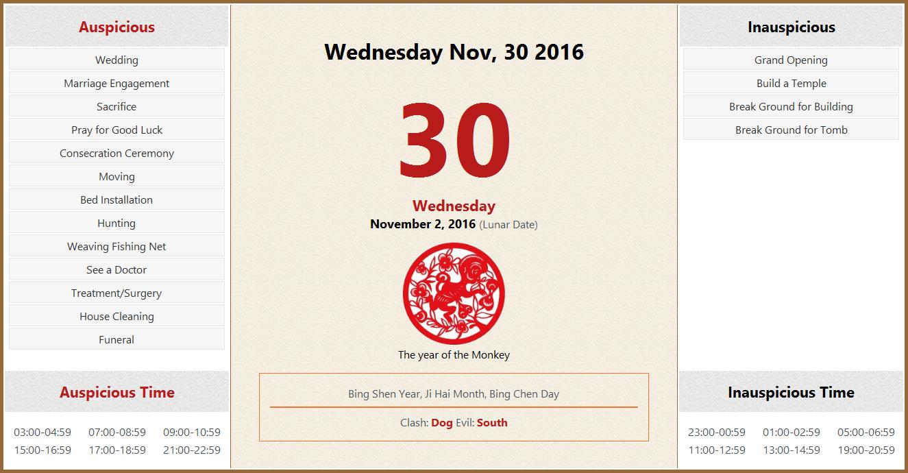 November 30, 2016 Almanac Calendar Auspicious