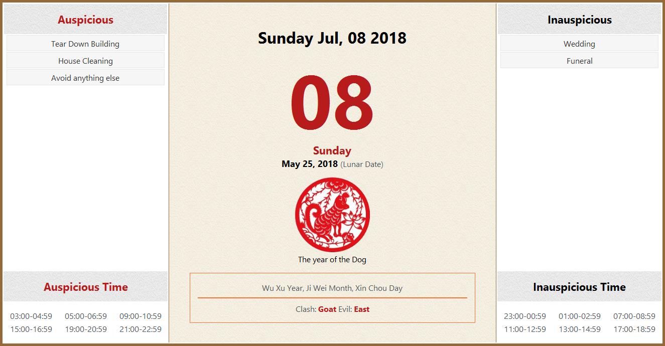 July 08 2018 Almanac Calendar Auspicious Inauspicious Events And Time 