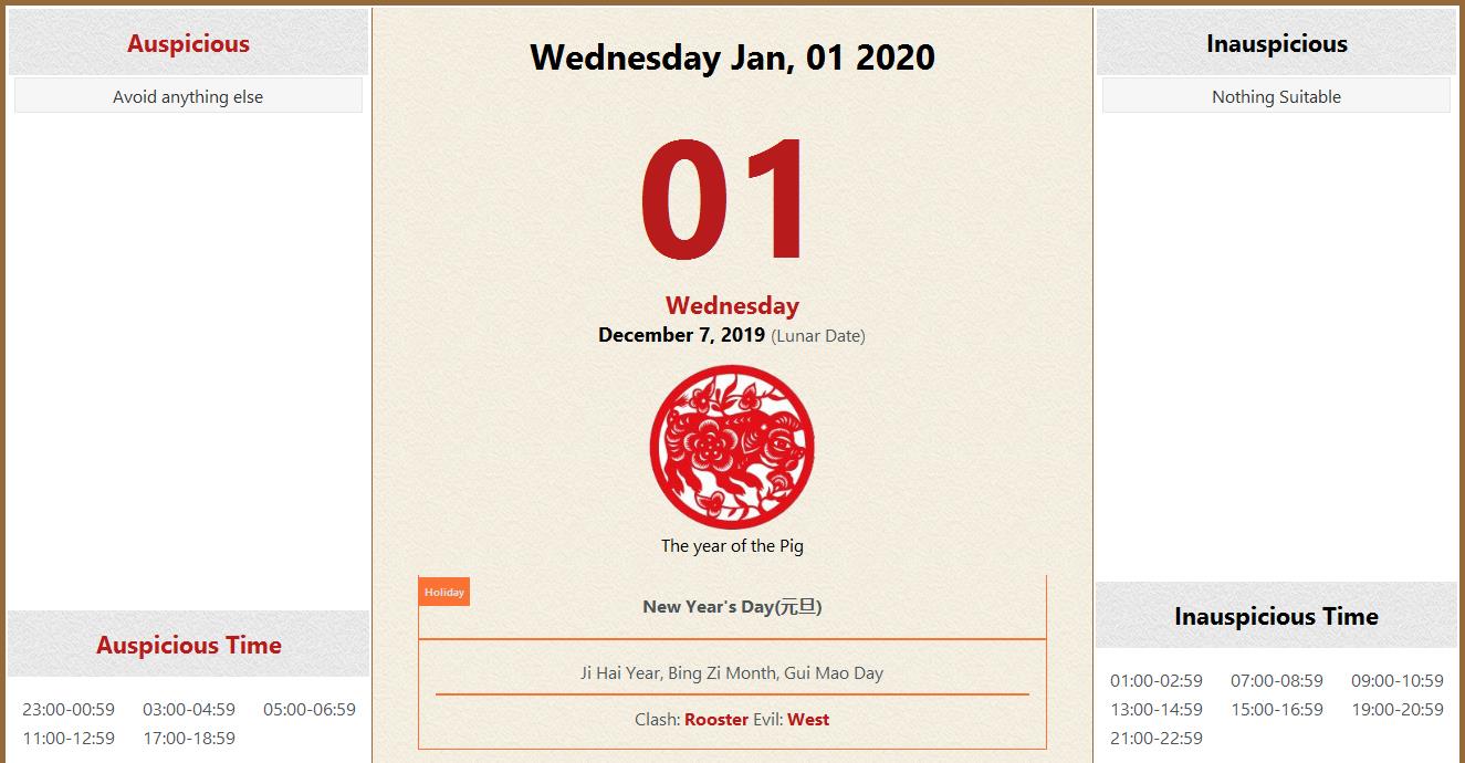January 01, 2020 Almanac Calendar Auspicious/Inauspicious Events and