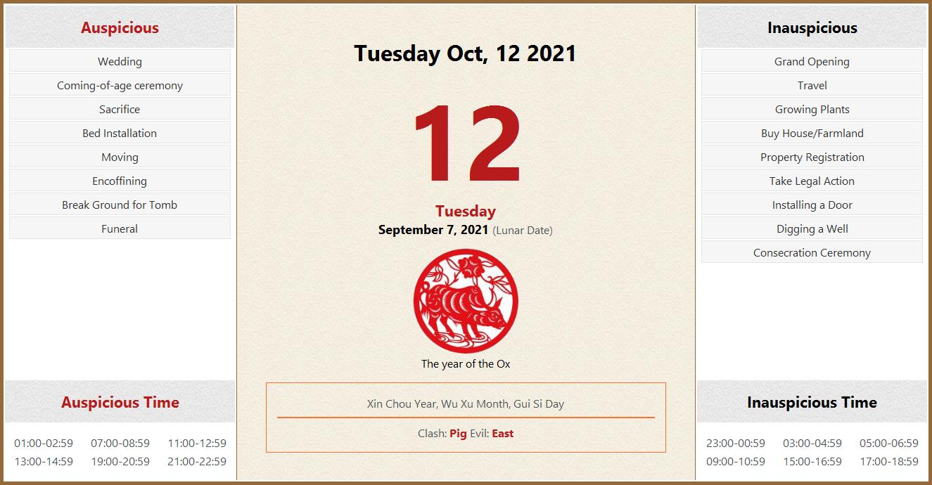 October 12, 2021 Almanac Calendar Auspicious/Inauspicious