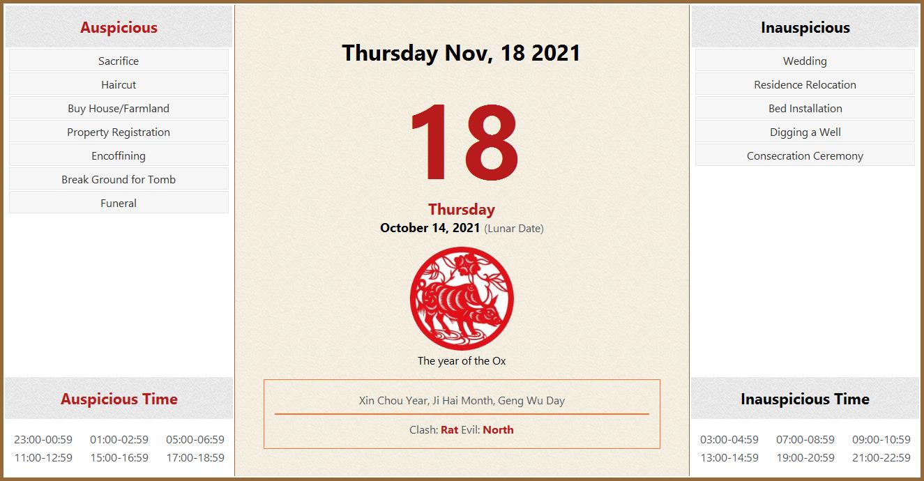 November 18, 2021 Almanac Calendar Auspicious