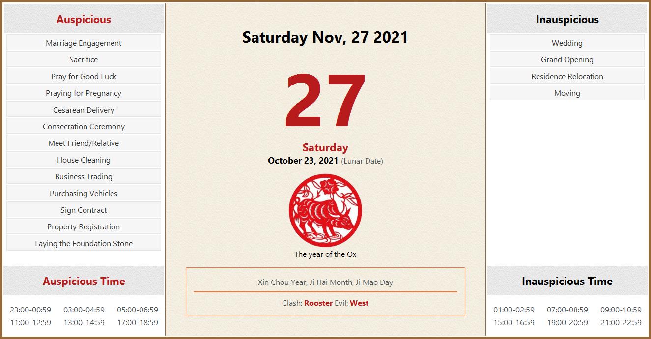 November 27, 2021 Almanac Calendar: Auspicious/Inauspicious Events and