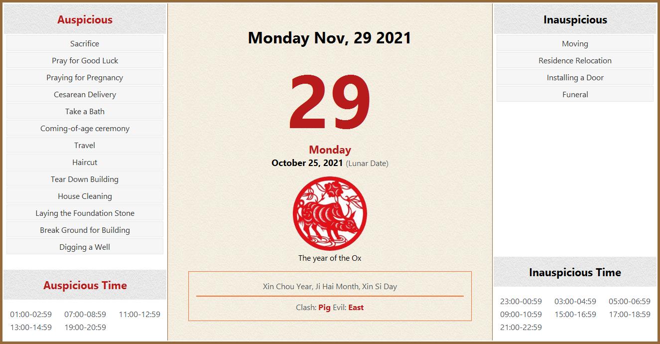November 29 2021 Almanac Calendar Auspicious Inauspicious Events And 