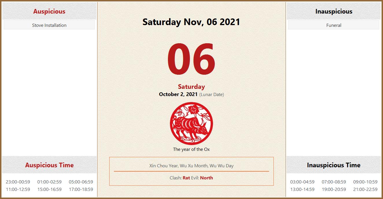November 06, 2021 Almanac Calendar Auspicious