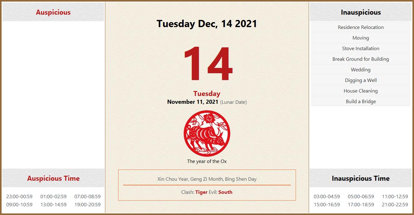 December 14, 2021 Almanac Calendar: Auspicious/Inauspicious Events and ...