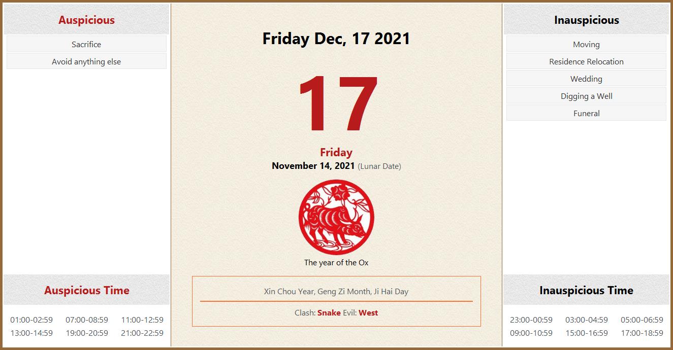 December 17, 2021 Almanac Calendar Auspicious