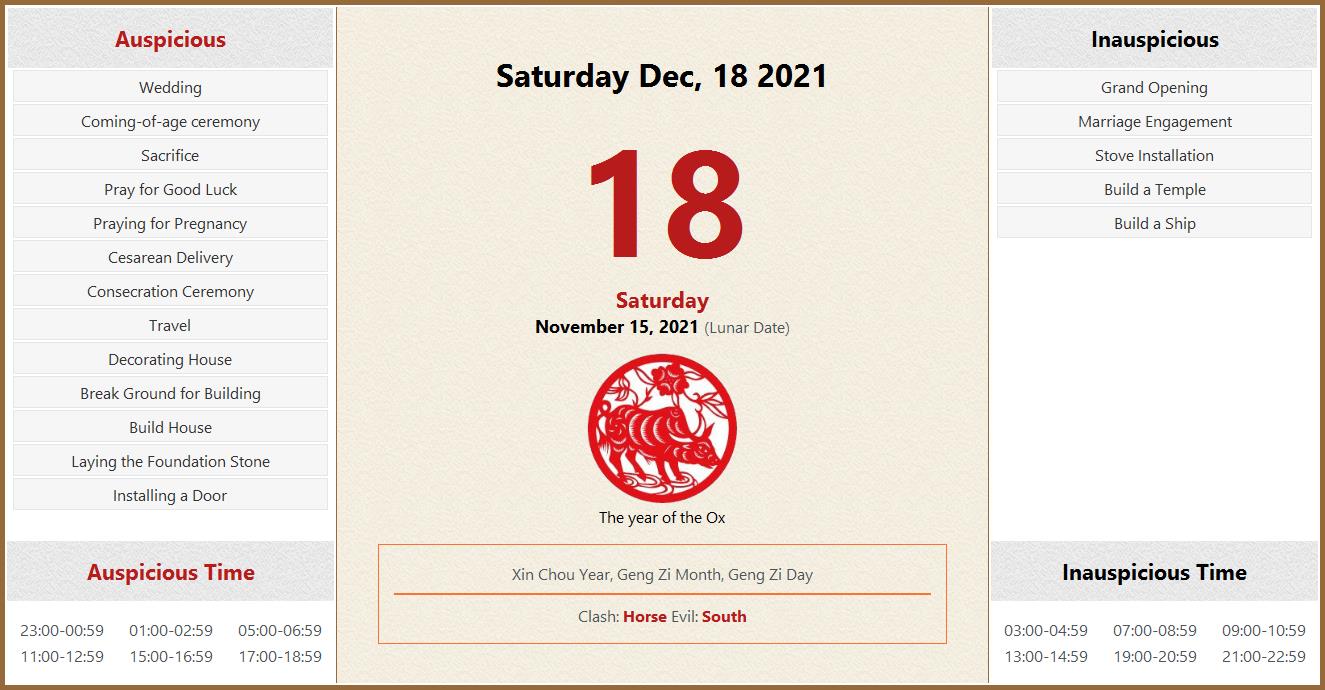 December 18, 2021 Almanac Calendar: Auspicious/Inauspicious Events and ...