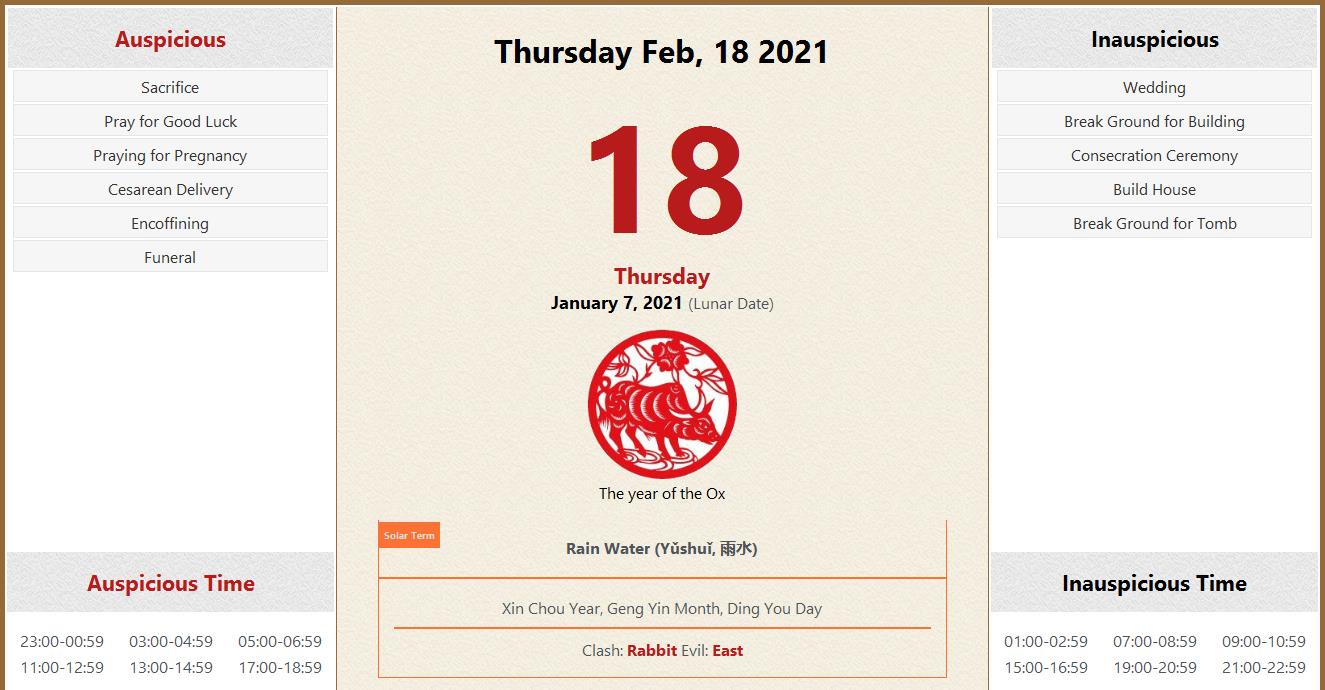 February 18, 2021 Almanac Calendar: Auspicious/Inauspicious Events and ...