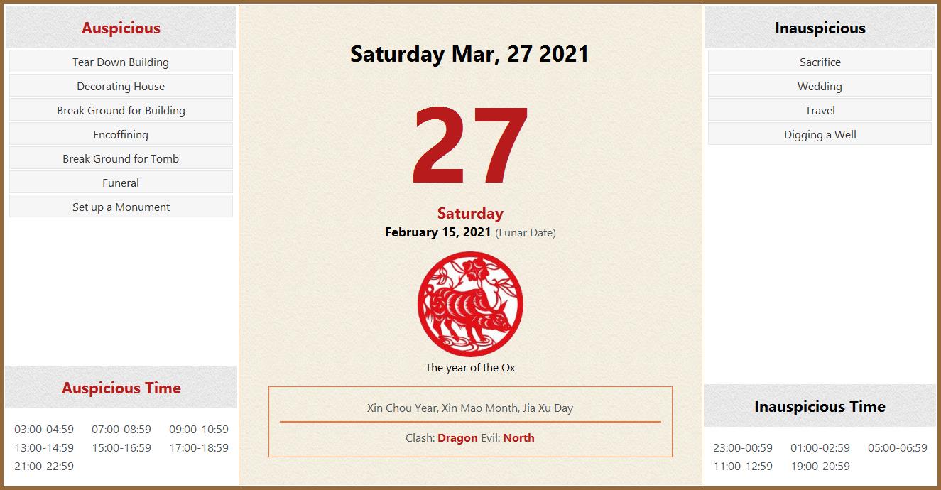 March 27, 2021 Almanac Calendar Auspicious/Inauspicious