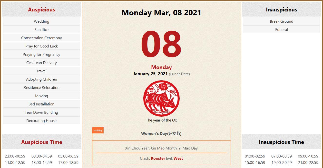 March 08, 2021 Almanac Calendar Auspicious/Inauspicious Events and