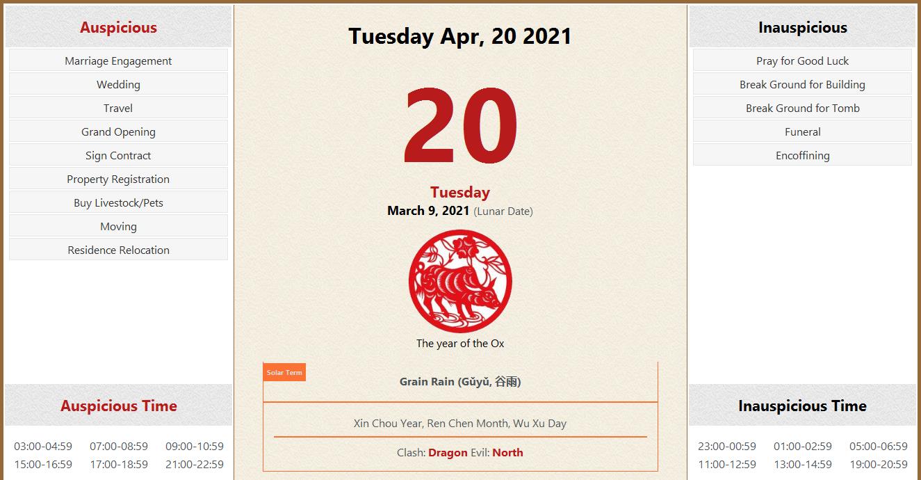 April 20, 2021 Almanac Calendar: Auspicious/Inauspicious ...