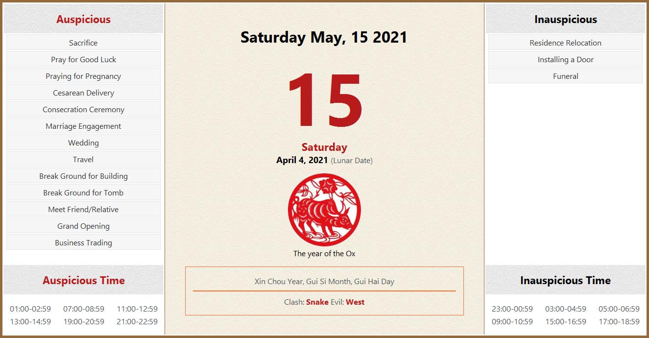 May 15 2021 Almanac Calendar Auspicious Inauspicious Events And Time Zodiac Lucky Direction chinese auspicious calendar 2021