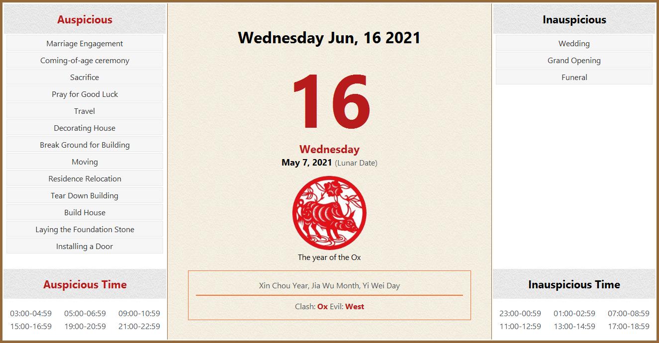 June 16 2021 Almanac Calendar Auspicious Inauspicious Events And Time 