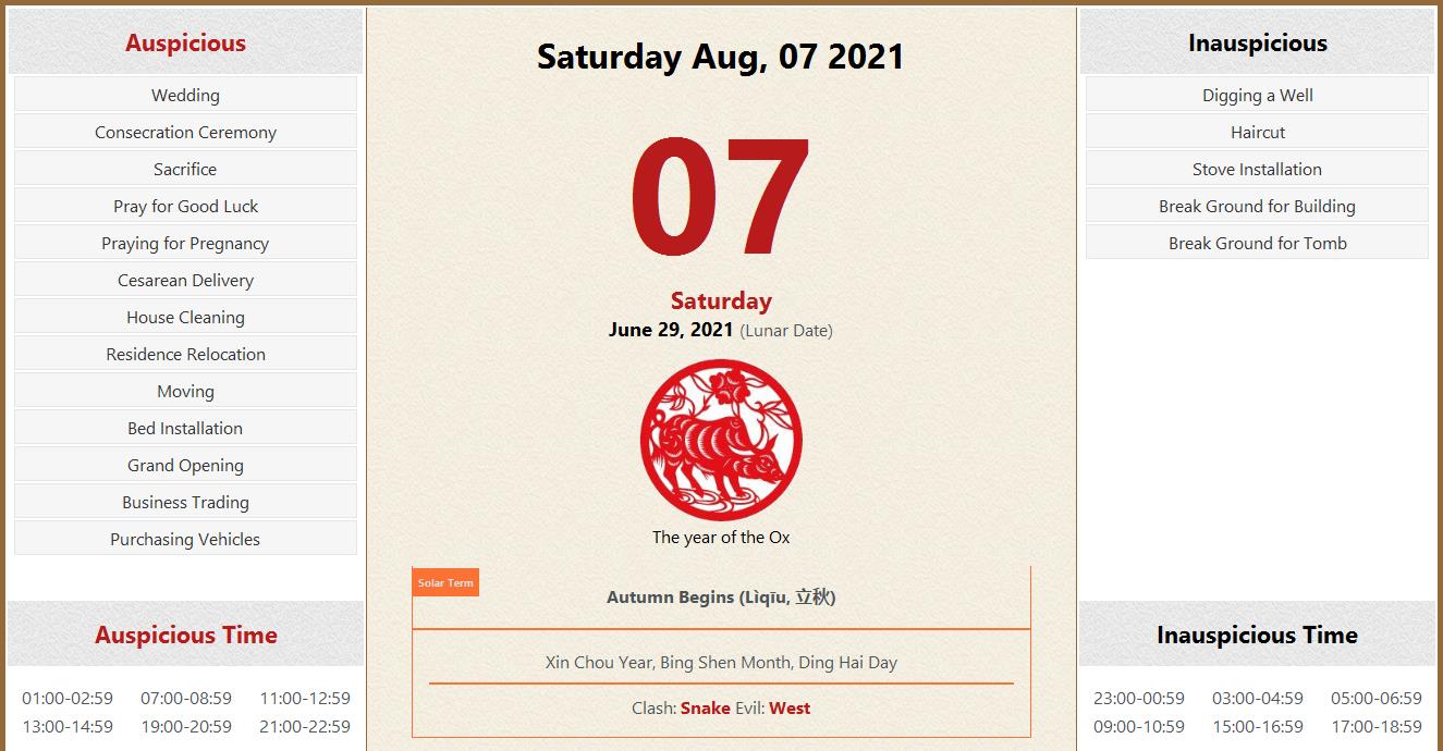 August 07, 2021 Almanac Calendar Auspicious/Inauspicious