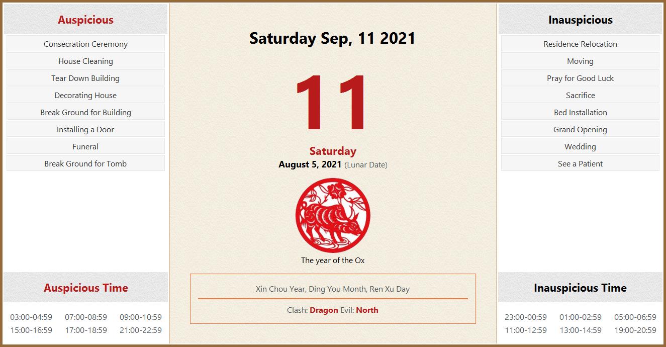September 11, 2021 Almanac Calendar: Auspicious/Inauspicious Events and