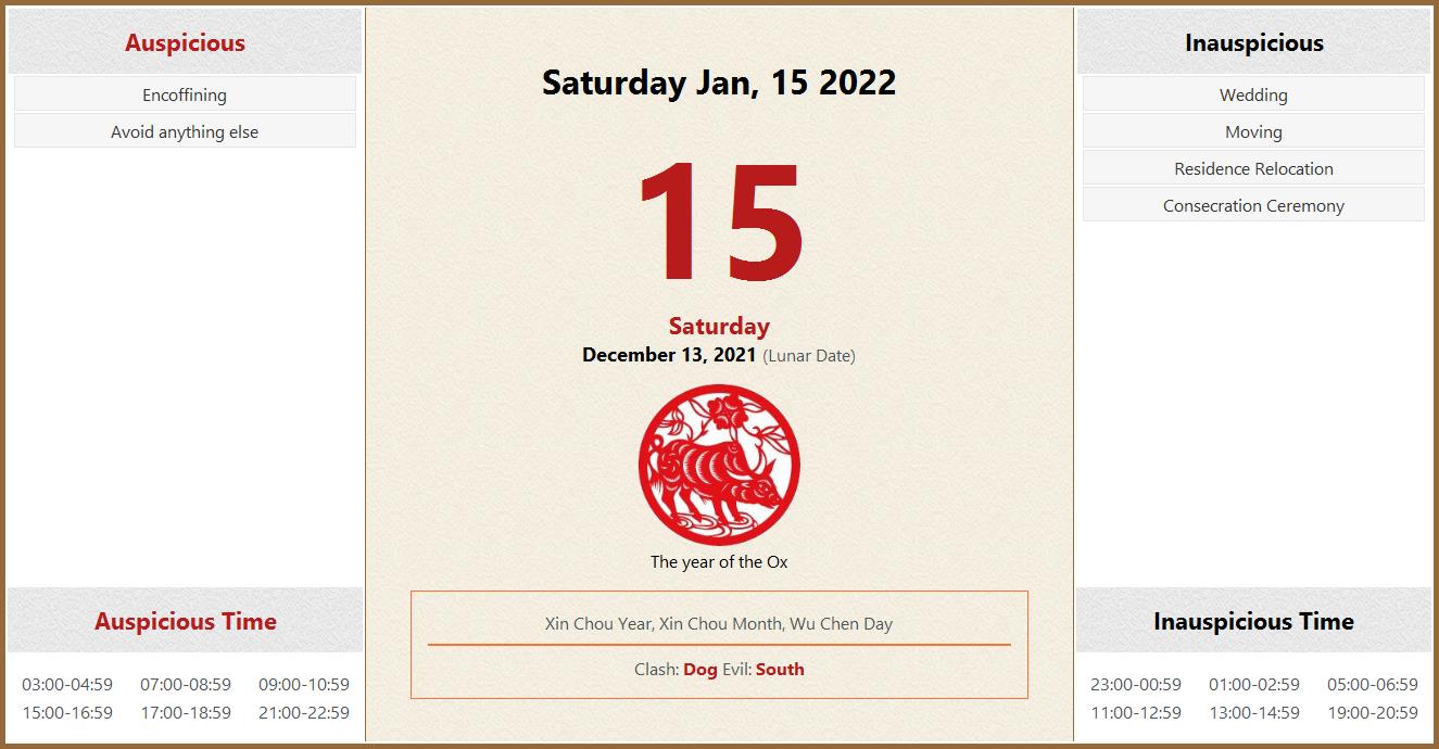 January 15, 2022 Almanac Calendar Auspicious/Inauspicious