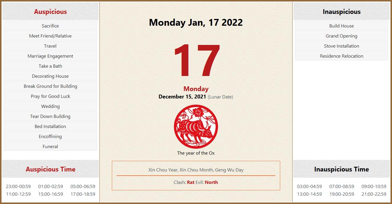 January 17, 2022 Almanac Calendar Auspicious/Inauspicious