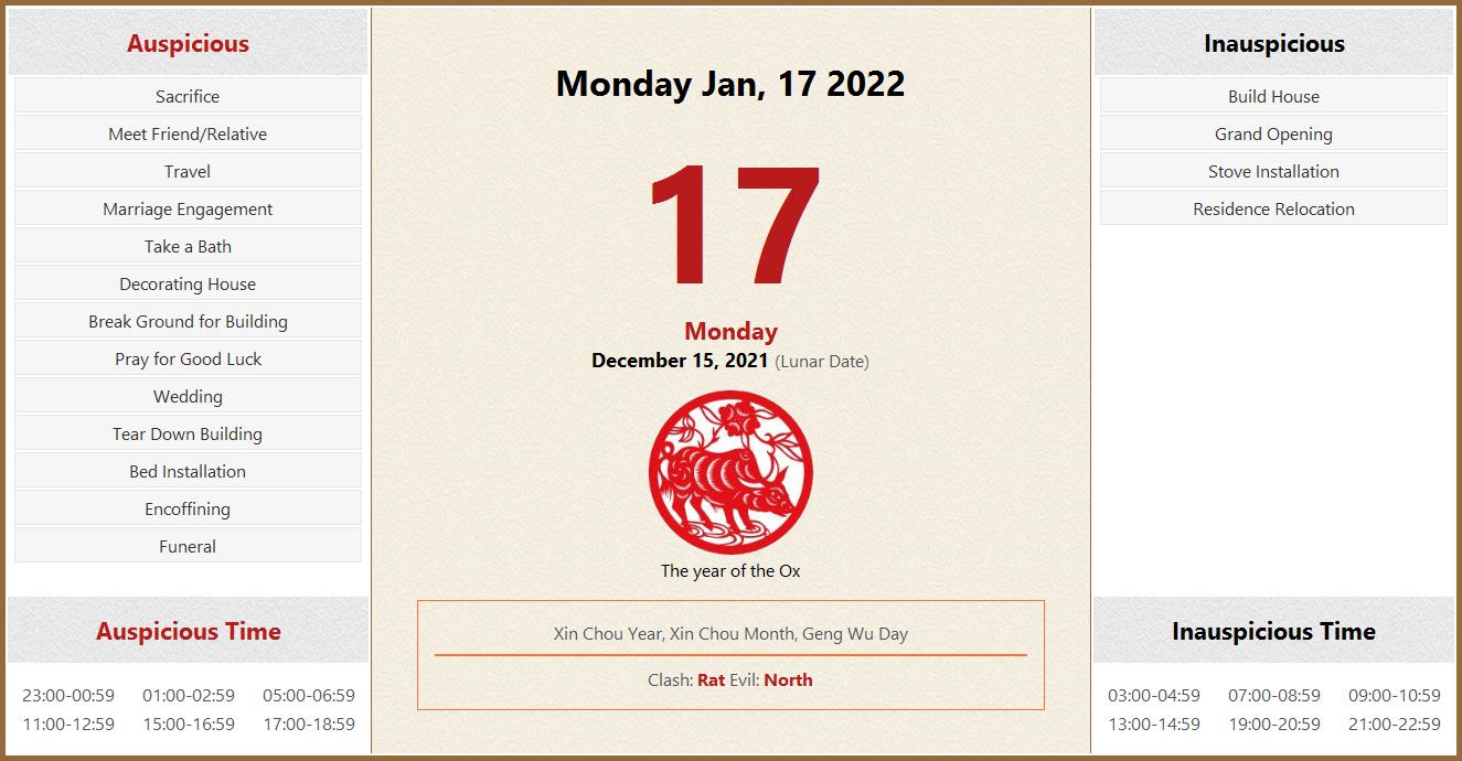 January 17, 2022 Almanac Calendar Auspicious/Inauspicious