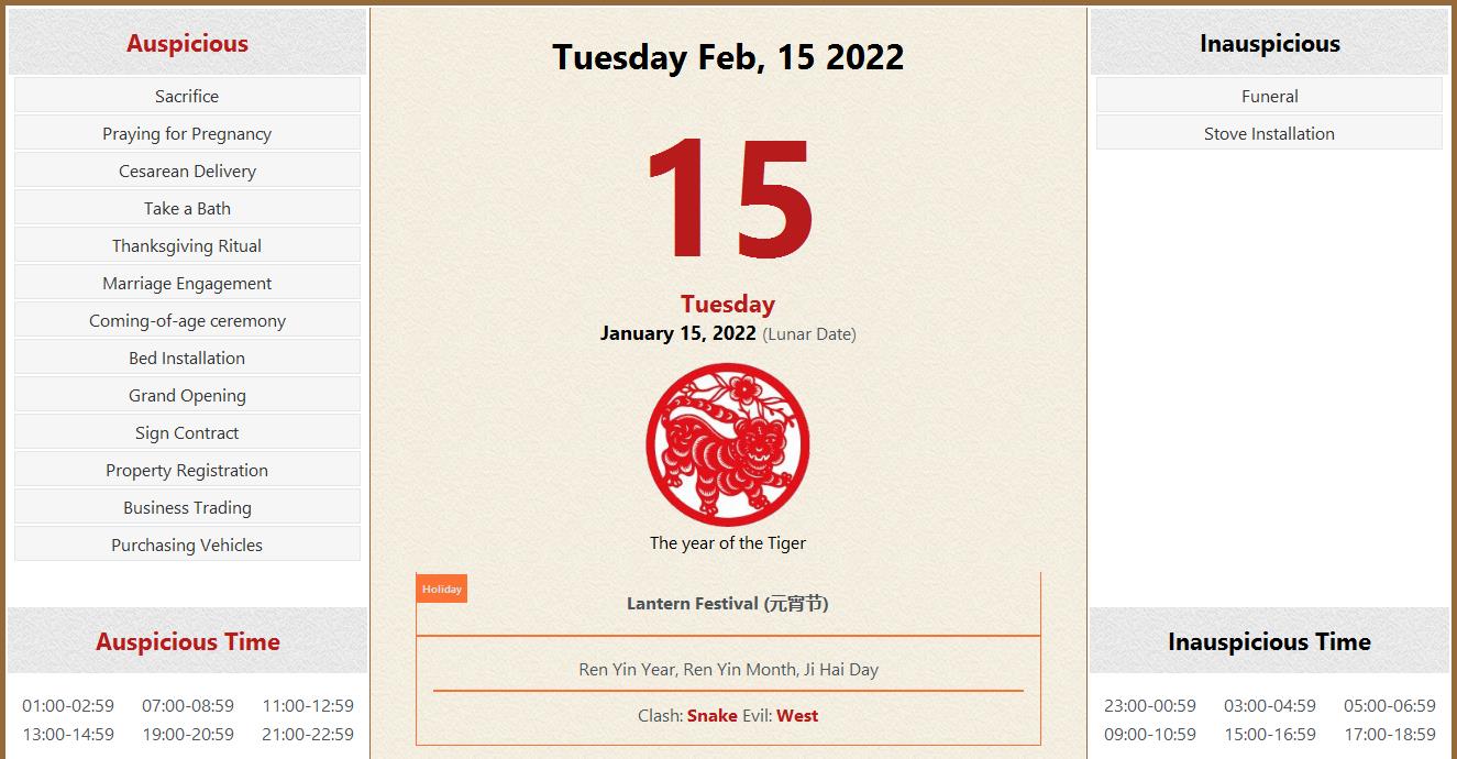February 15, 2022 Almanac Calendar Auspicious/Inauspicious Events and