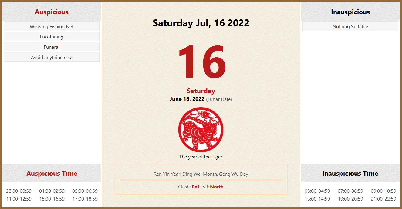 July 16, 2022 Almanac Calendar Auspicious/Inauspicious Events and Time