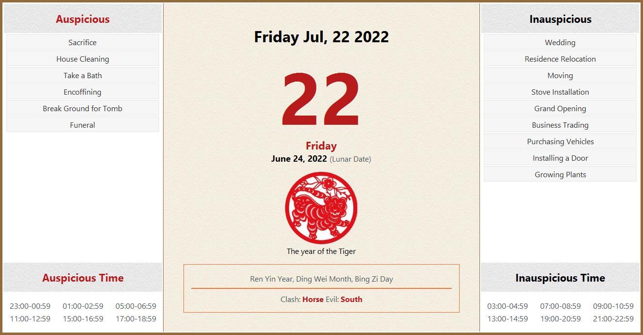 July 22 2022 Almanac Calendar Auspicious Inauspicious Events And Time 