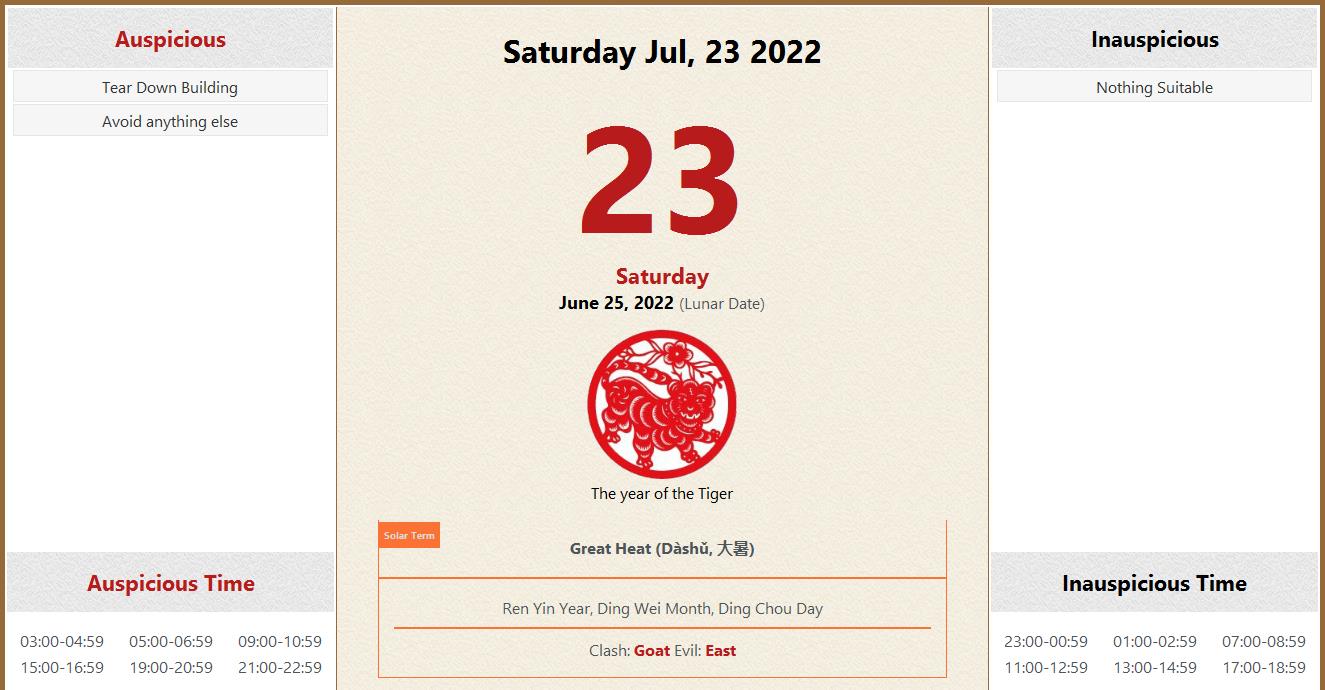 July 23 2022 Almanac Calendar Auspicious Inauspicious Events And Time 