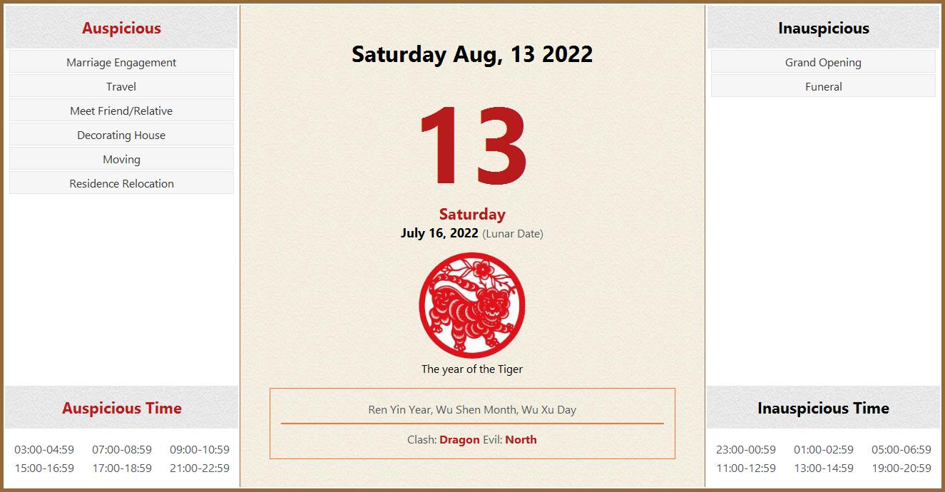 Lunar Calendar August 2022 August 13, 2022 Almanac Calendar: Auspicious/Inauspicious Events And Time,  Zodiac, Lucky Direction