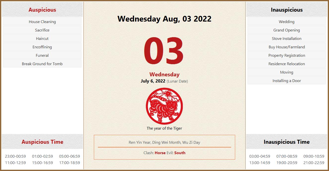 August 03, 2022 Almanac Calendar: Auspicious/Inauspicious Events and