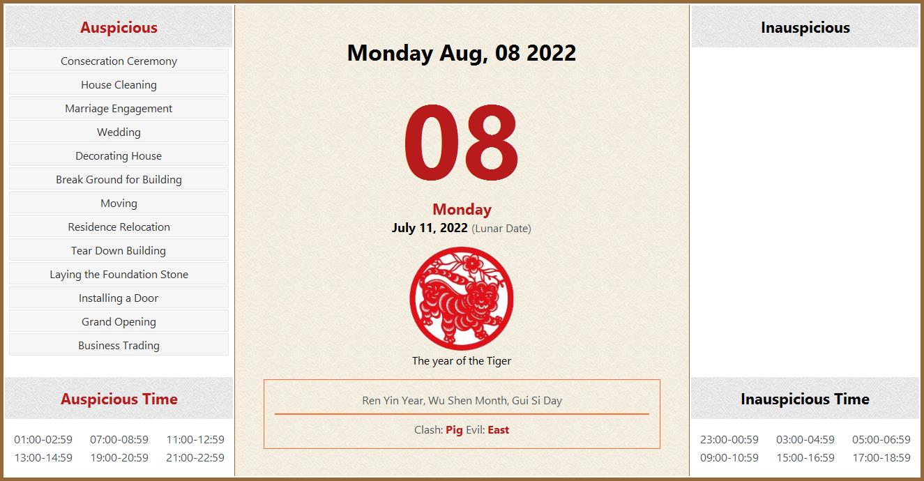 August 08, 2022 Almanac Calendar: Auspicious/Inauspicious Events and