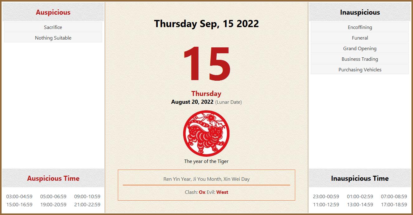 September 15, 2022 Almanac Calendar: Auspicious/Inauspicious Events And Time, Zodiac, Lucky Direction