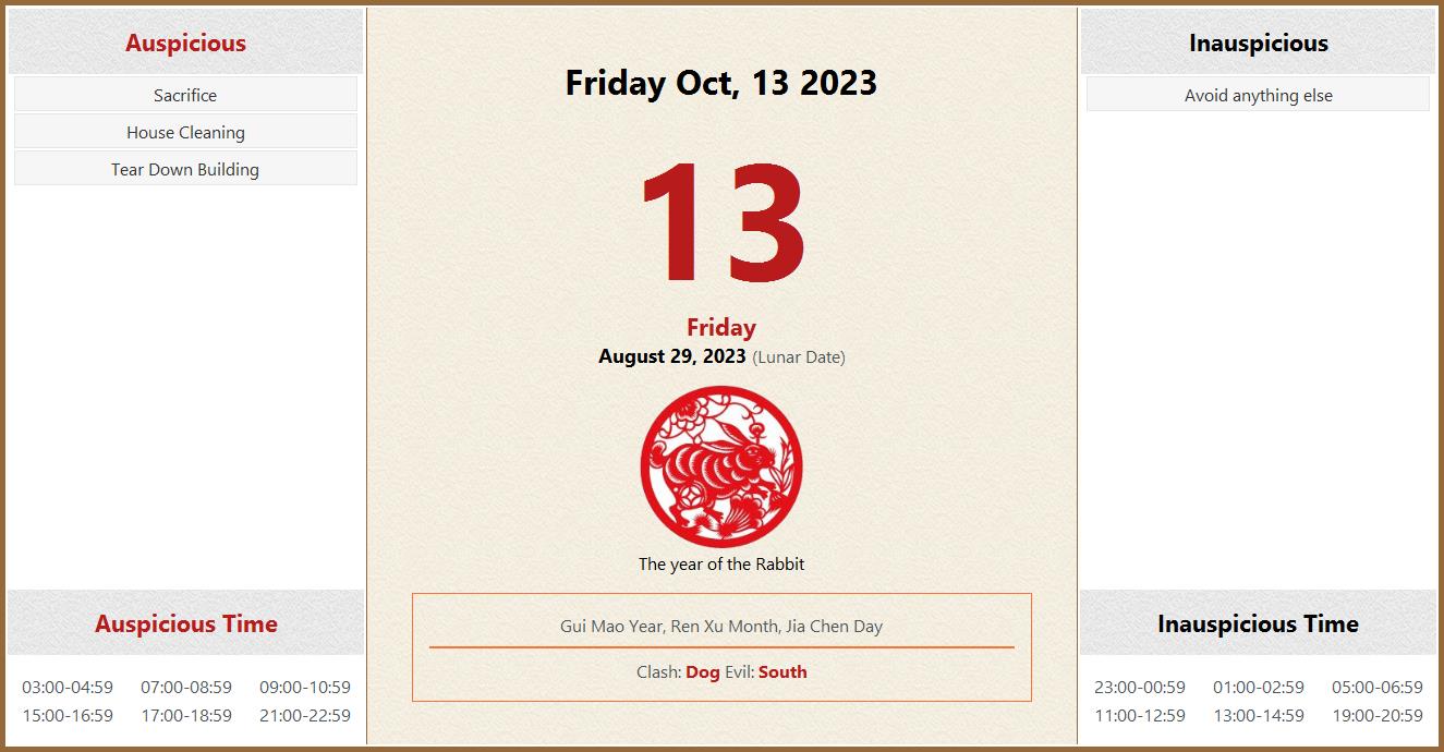 October 13, 2023 Almanac Calendar: Auspicious/Inauspicious Events and Time,  Zodiac, Lucky Direction