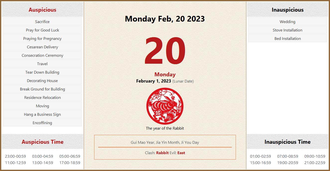 February 20, 2023 Almanac Calendar: Auspicious/Inauspicious Events and