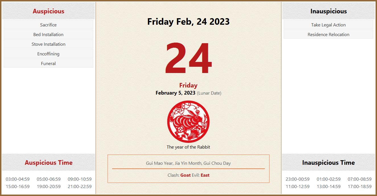 February 24, 2023 Almanac Calendar: Auspicious/Inauspicious Events and