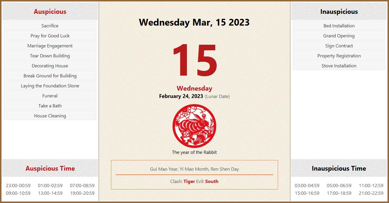 March 15, 2023 Almanac Calendar: Auspicious/Inauspicious Events and